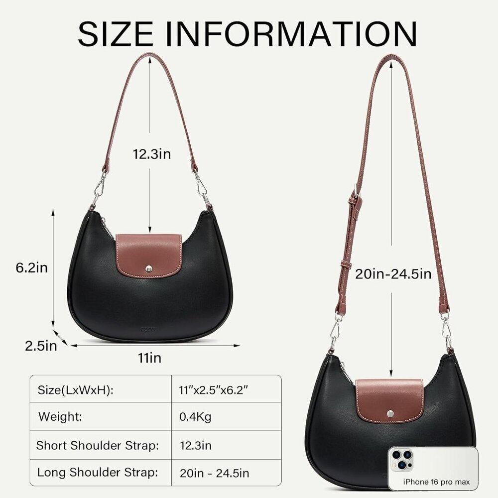 Crescent Black Vegan Leather Shoulder Bag for Women - Anti Theft Crossbody Hobo - Picture 4 of 7